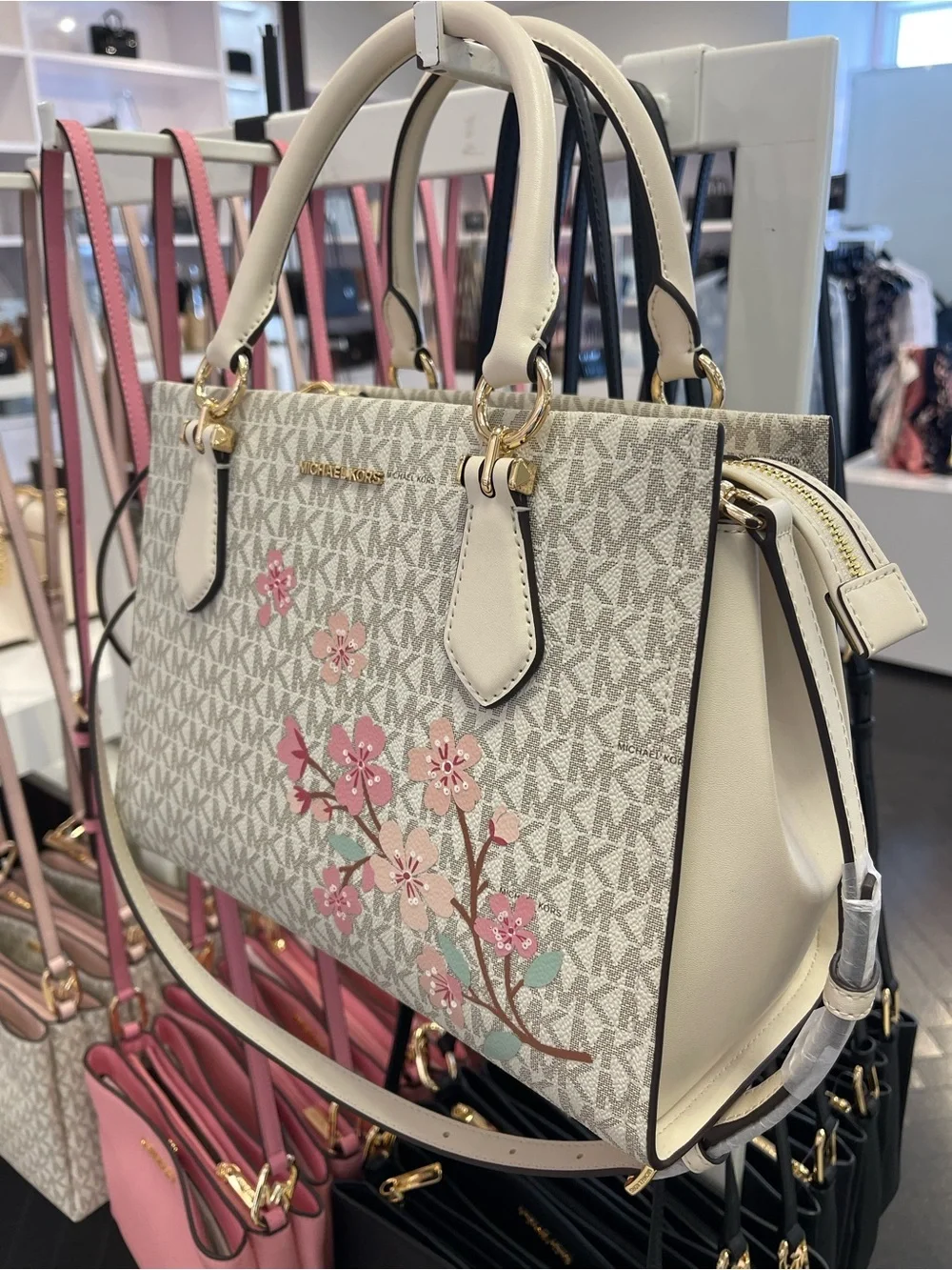 Michael Kors Marilyn Medium Embellished Signature Logo Satchel Light Cream  NWT